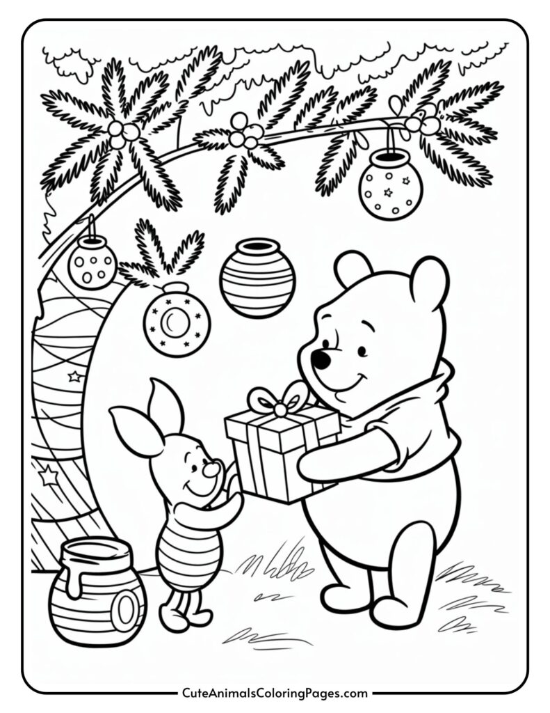 Two cartoon animals stand under decorative branches; one is a bear wearing a shirt, giving a gift to a little pig in striped clothes. They have holiday decorations on them.