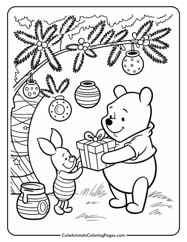 Two cartoon animals standing under decorated branches; one is a bear wearing a shirt, handing a gift to a small piglet in a striped outfit. There are festive ornaments hanging above them.