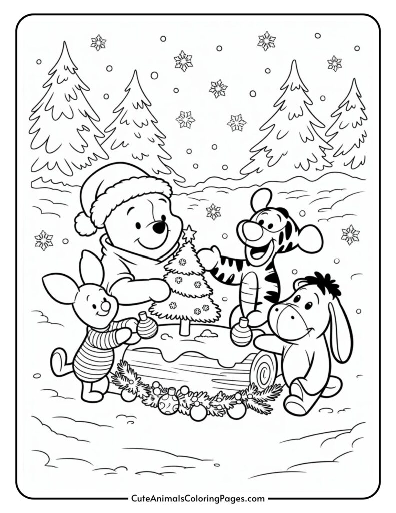 Illustration of four cartoon animal characters happily decorating a small Christmas tree in a snowy forest setting, with falling snowflakes and evergreen trees in the background.