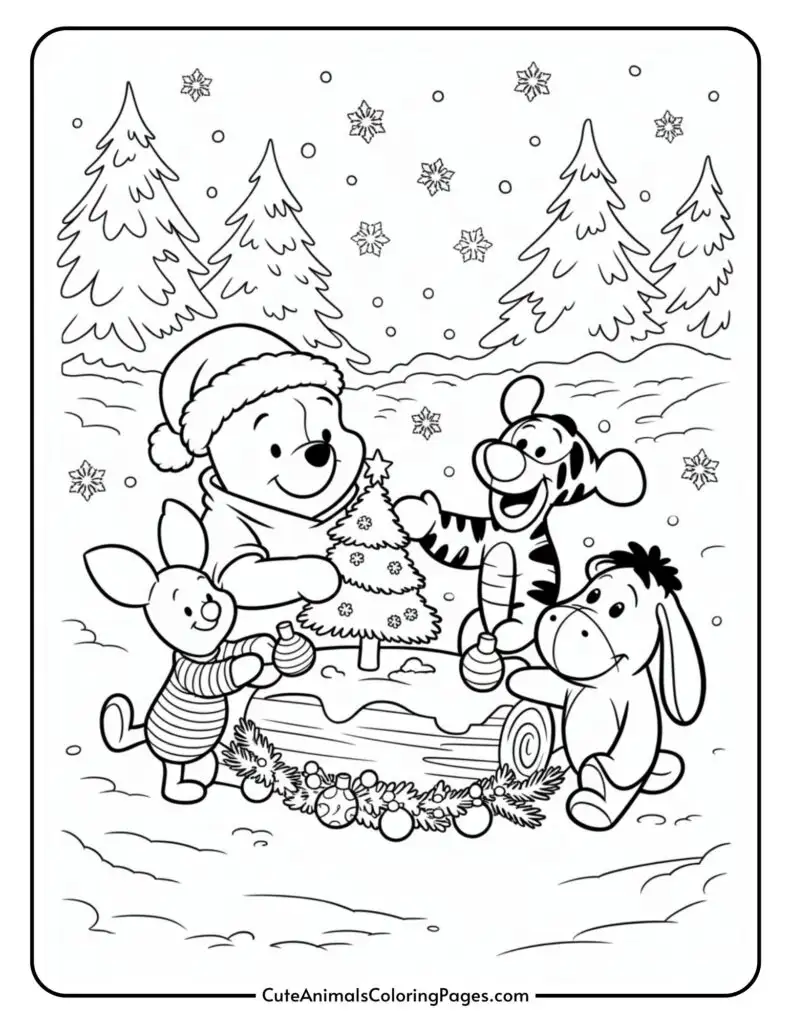 Illustration of four cartoon animal characters joyfully decorating a small Christmas tree in a snowy forest setting, with snowflakes falling and evergreen trees in the background.