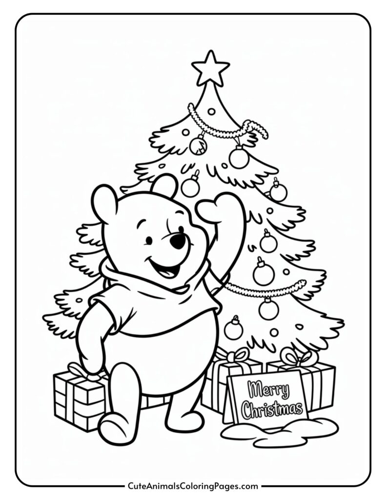 A coloring page featuring a bear standing in front of a decorated Christmas tree. The bear is wearing a hat and carrying a present, with more presents sitting under the tree. A sign ahead reads 