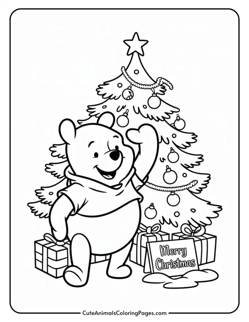 A coloring page featuring a bear standing in front of a decorated Christmas tree. The bear is wearing a scarf and holding a present, while more presents sit under the tree. A sign in front reads "Merry Christmas."