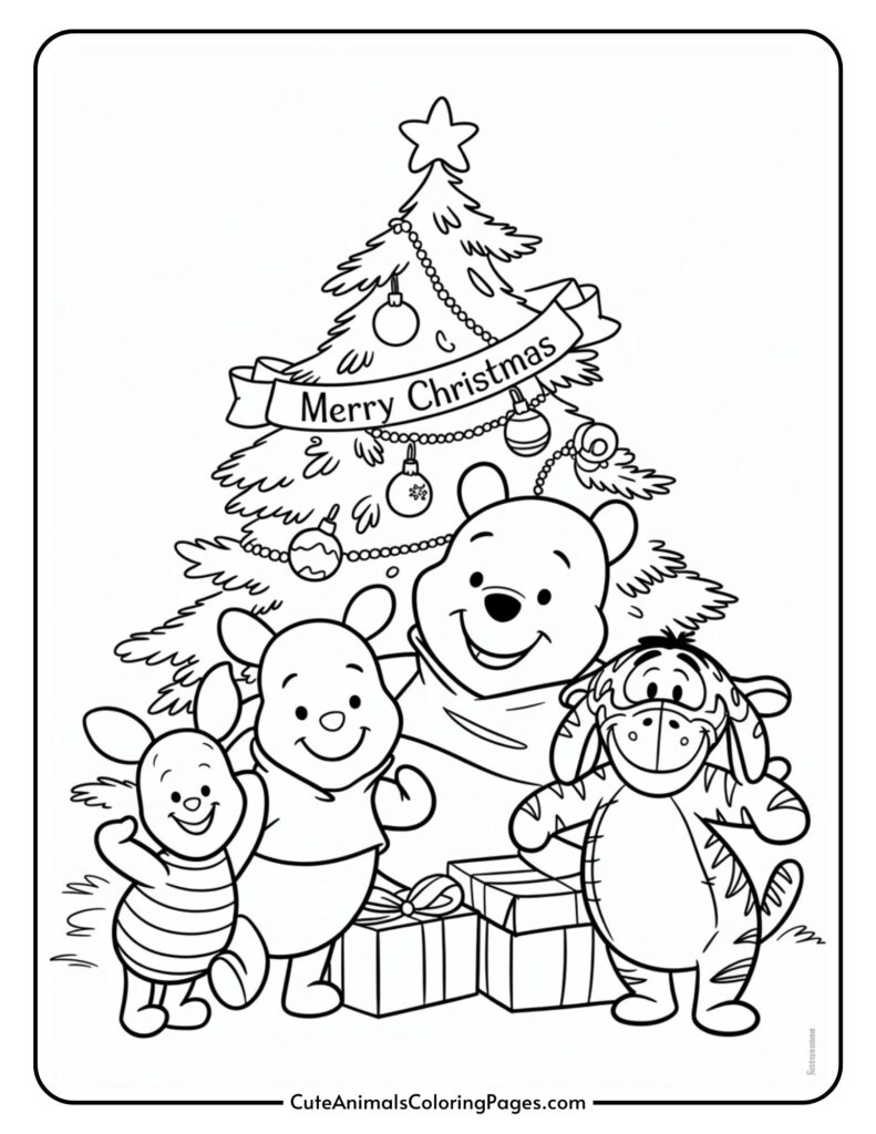 A coloring page of a Christmas scene featuring three cartoon animals standing in front of a decorated Christmas tree. 