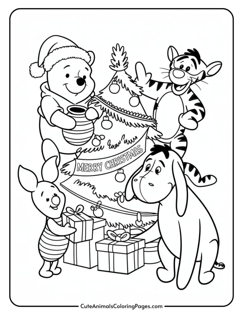 A coloring page featuring cartoon characters decorating a Christmas tree. One character is wearing a Santa hat and holding a pot, while another wears a scarf and stands near wrapped presents. The tree is decorated with ornaments and a 