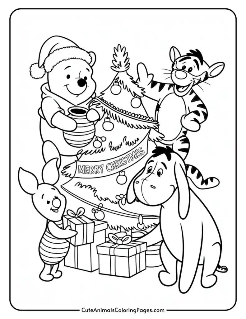 A coloring page featuring cartoon characters decorating a Christmas tree. One character is wearing a Santa hat and holding a pot, while another wears stripes and stands near wrapped gifts. The tree is adorned with ornaments and has a "Merry Christmas" banner. Other characters stand around, also involved in the festive scene.