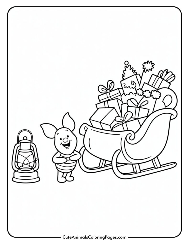 A cartoon pig wearing a striped shirt is set against a plain background next to a border filled with wrapped gifts and a lantern.