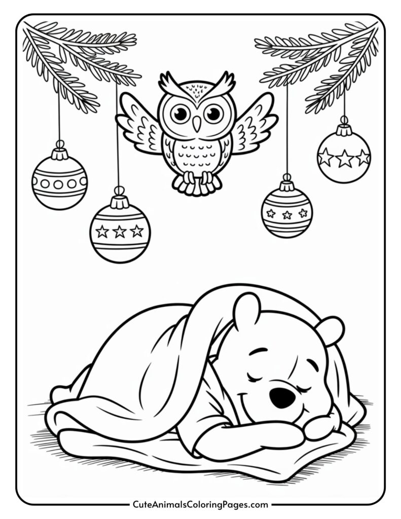 Illustration of a cartoon bear sleeping under a blanket, with a smiling owl flying above and Christmas decorations hanging from tree branches.
