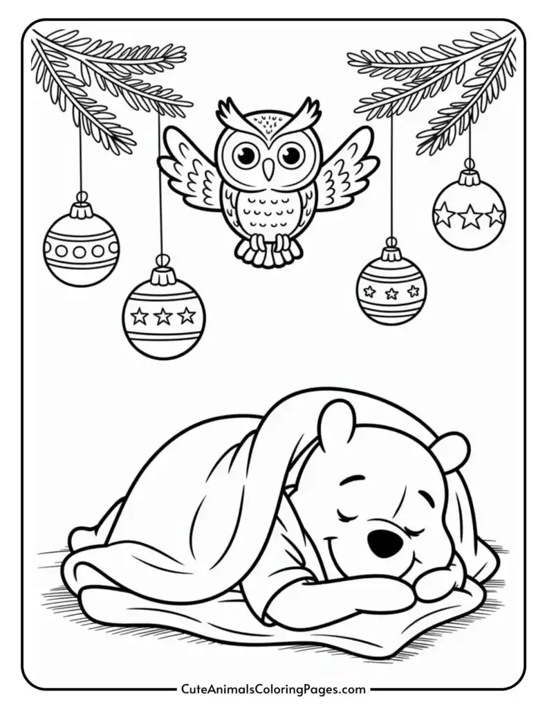Illustration of a cartoon bear sleeping under a blanket, with a smiling owl flying above and decorated Christmas ornaments hanging from tree branches.