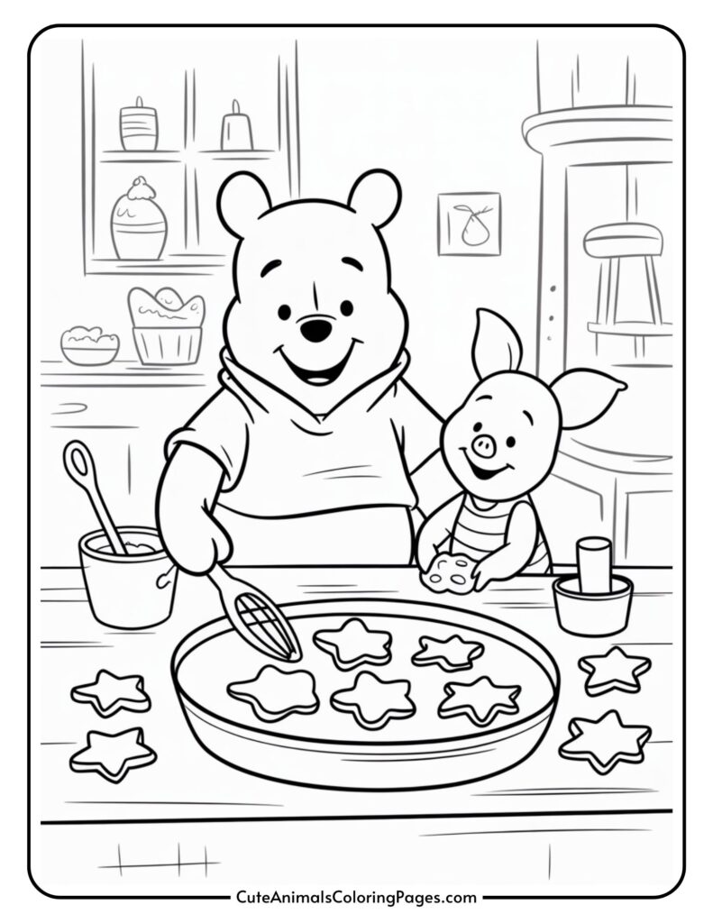 Cartoon bear and pig characters happily bake cookies together in the kitchen, surrounded by baking tools and ingredients.