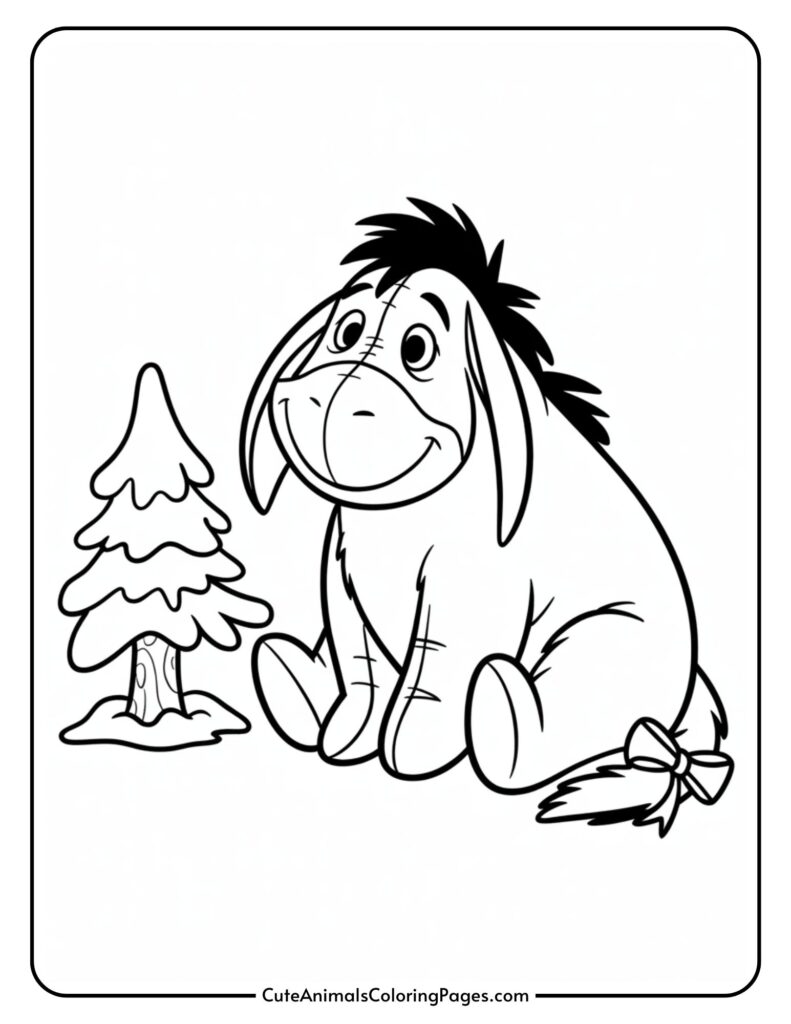 A coloring page featuring a cartoon donkey sitting by a small tree, smiling and with a bow on its tail.