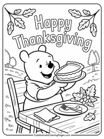 A cartoon bear is sitting at a wooden table outdoors, holding a plate with a slice of pie. The table is set with a fork, knife, napkin, and a small arrangement of leaves and berries. The words 'Happy Thanksgiving' are written above, and there are branches with leaves framing the image.