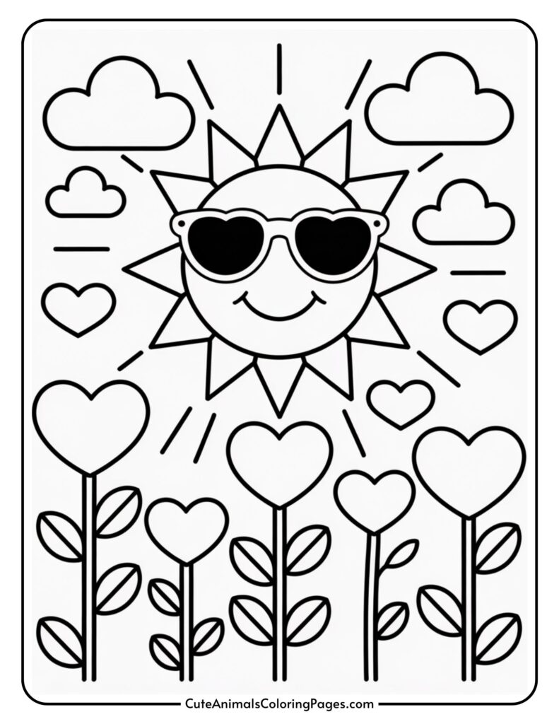 A smiling sun wearing sunglasses is surrounded by clouds, above heart-shaped flowers with leaves.