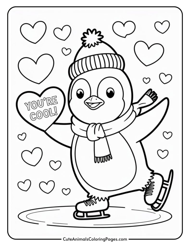 A cartoon penguin wearing a hat and scarf is ice skating while holding a heart that says "YOU'RE COOL!", with hearts around it.