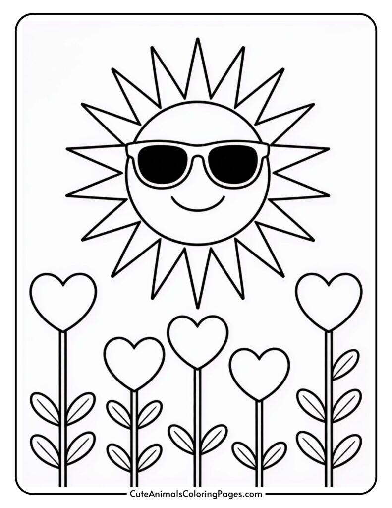 A smiling sun wearing sunglasses above heart-shaped flowers on stems.
