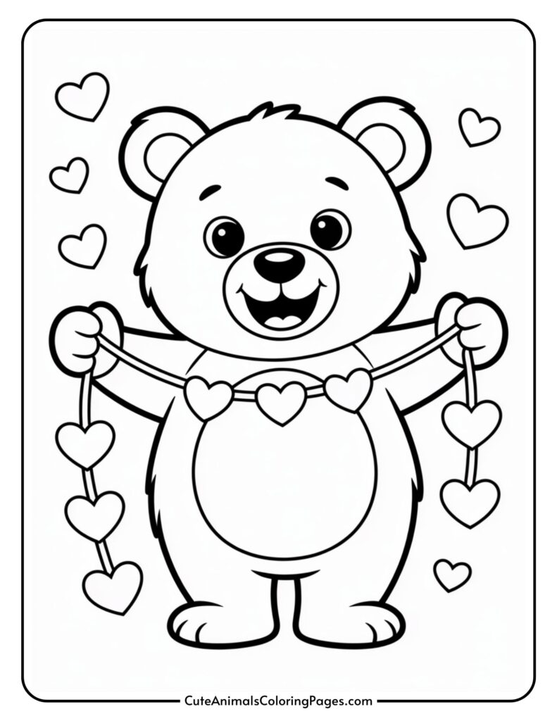 A cartoon bear holding a garland of hearts, surrounded by floating heart shapes.