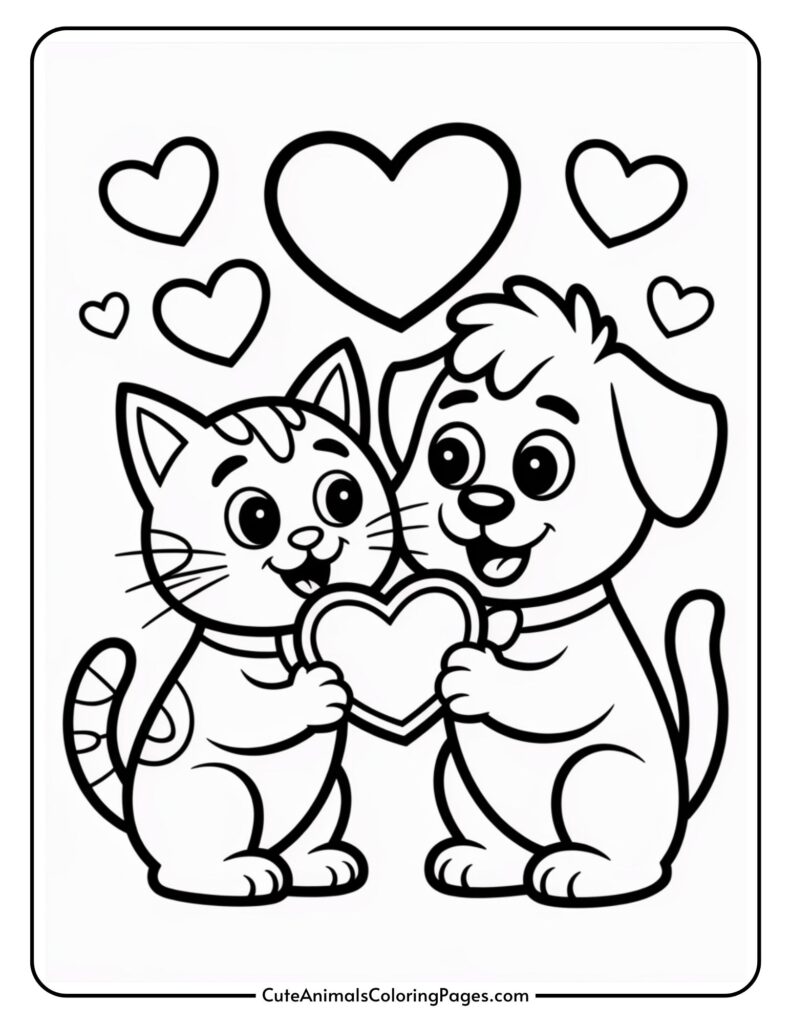 A cartoon cat and dog smiling and holding a heart together, surrounded by floating hearts.