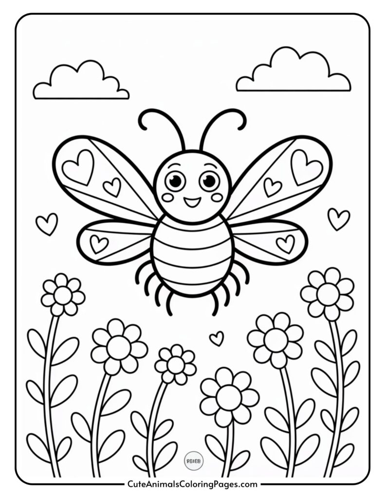 A cute cartoon bee with heart-decorated wings flies above flowers and clouds on a coloring page.