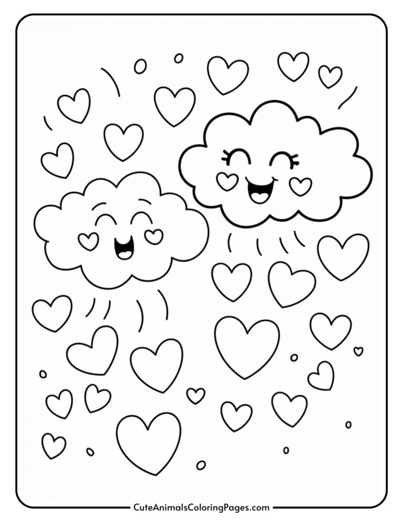 Two smiling cartoon clouds surrounded by various sizes of hearts on a coloring page.
