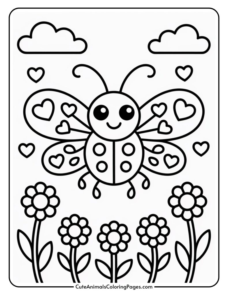 Smiling cartoon ladybug with heart-patterned wings above flowers and clouds.