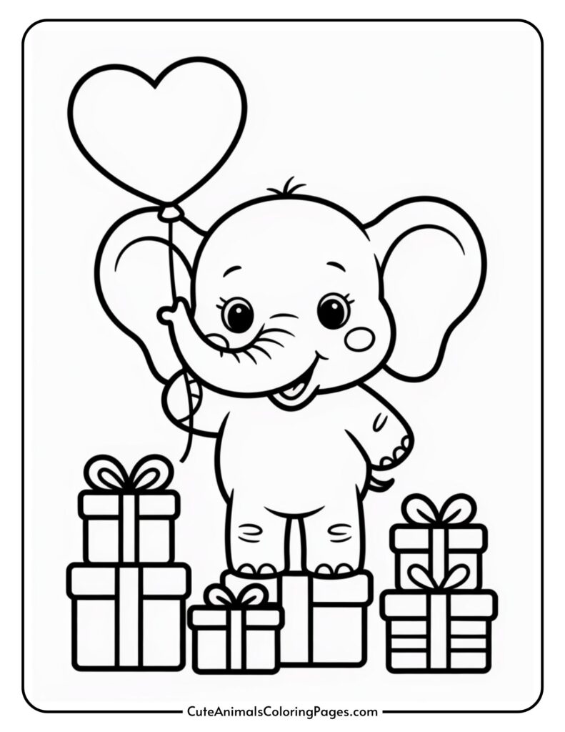 A cartoon elephant holding a heart-shaped balloon stands on gift boxes.
