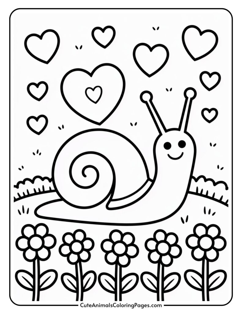 A happy snail with a spiral shell surrounded by hearts and flowers in a coloring page.