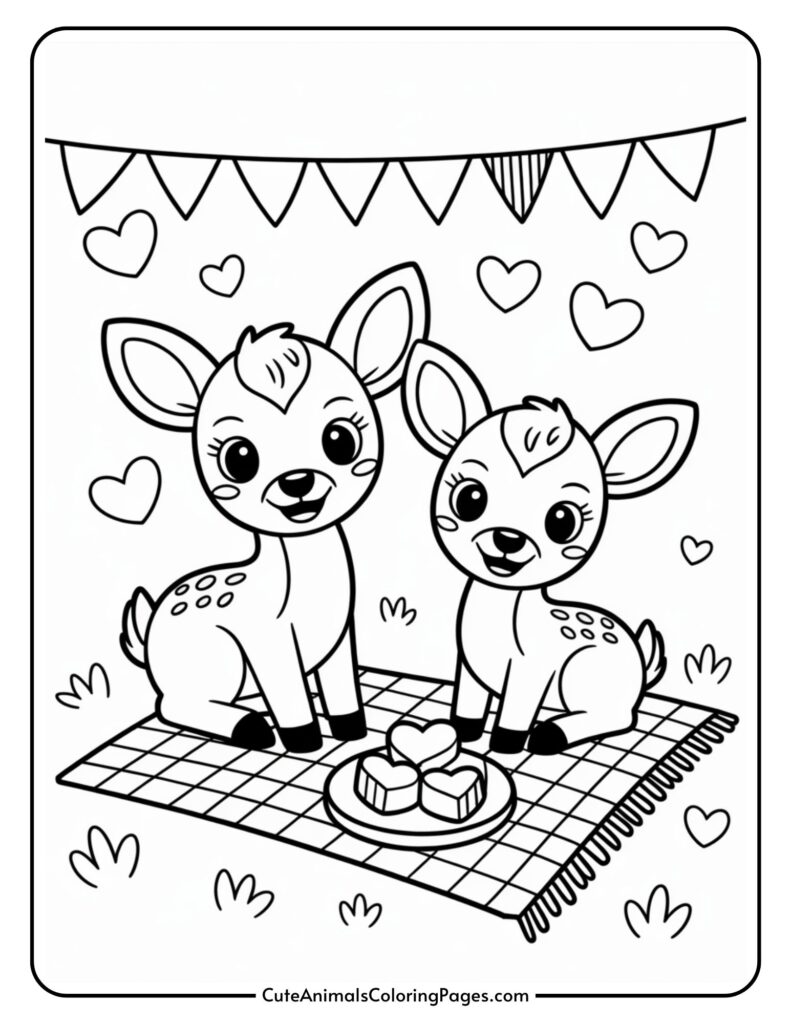 Two cartoon deer sitting on a picnic blanket with heart shapes and a bunting above them.