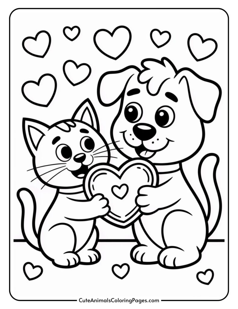 A cartoon cat and dog holding a heart together, surrounded by floating hearts.