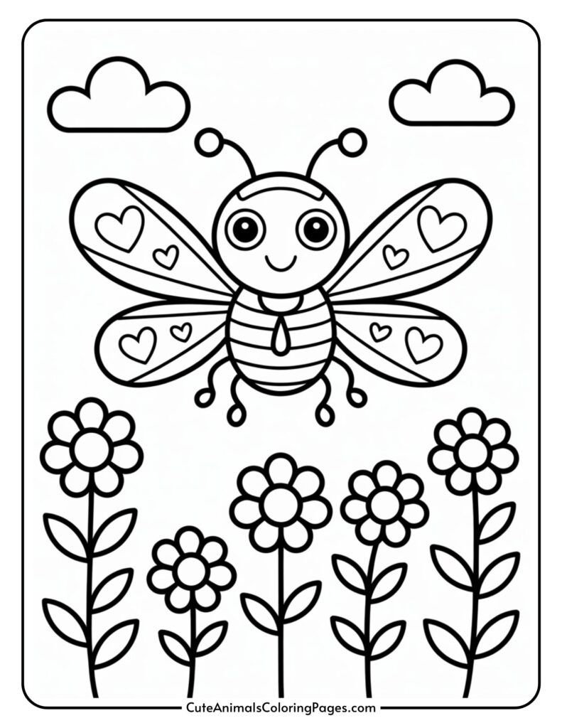 A cute cartoon bee with heart-decorated wings is flying above flowers, with two clouds in the sky.