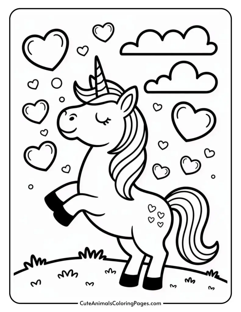 A unicorn with hearts around it stands on a grassy hill under a partly cloudy sky.