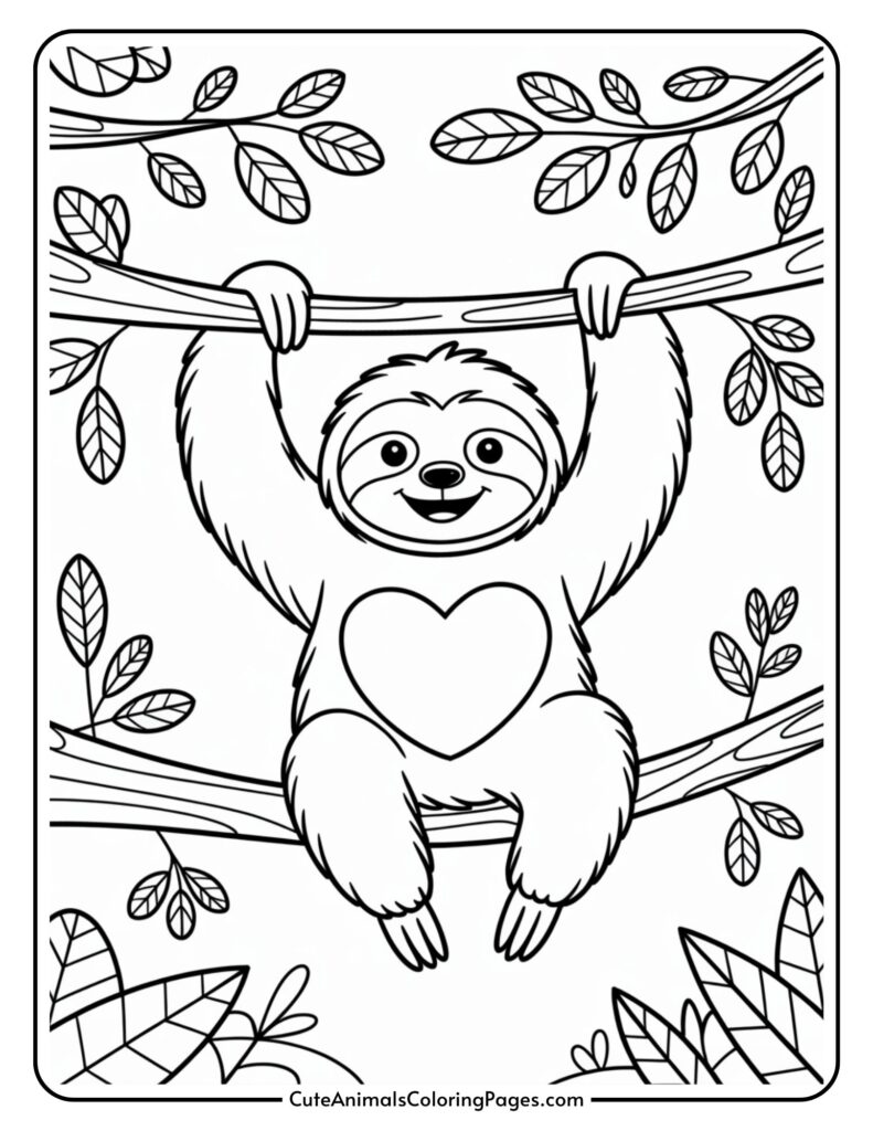 A cartoon sloth hanging from a tree branch, with a heart shape on its chest, surrounded by leaves.