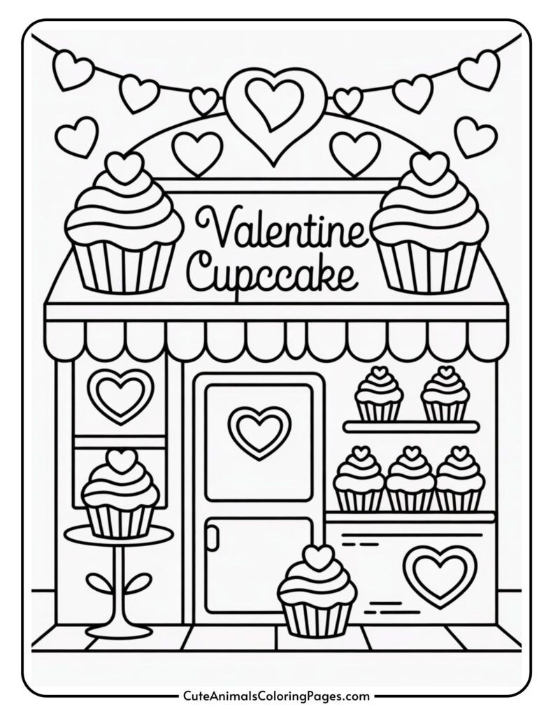 Outline of a cupcake shop with hearts and cupcakes, labeled