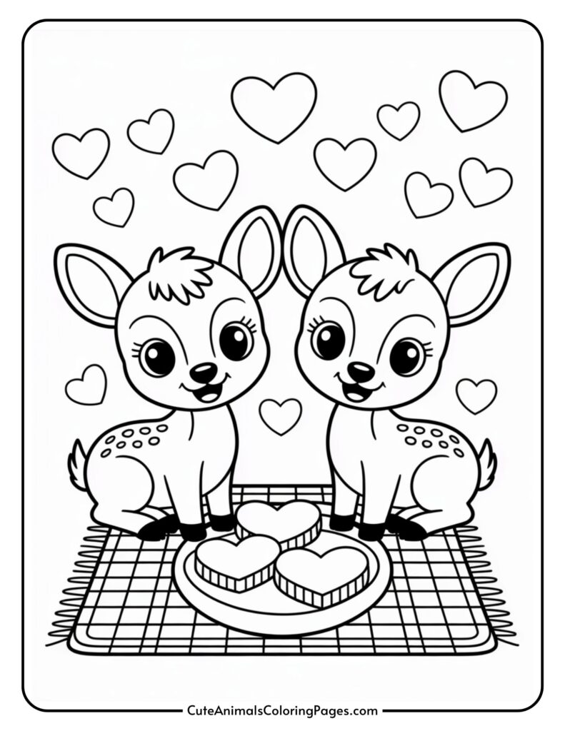 Two cartoon deer sitting on a mat with heart-shaped treats, surrounded by floating hearts.