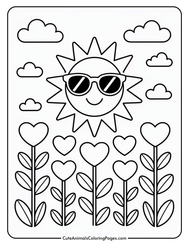 A coloring page with a smiling sun wearing sunglasses above heart-shaped flowers and small clouds.