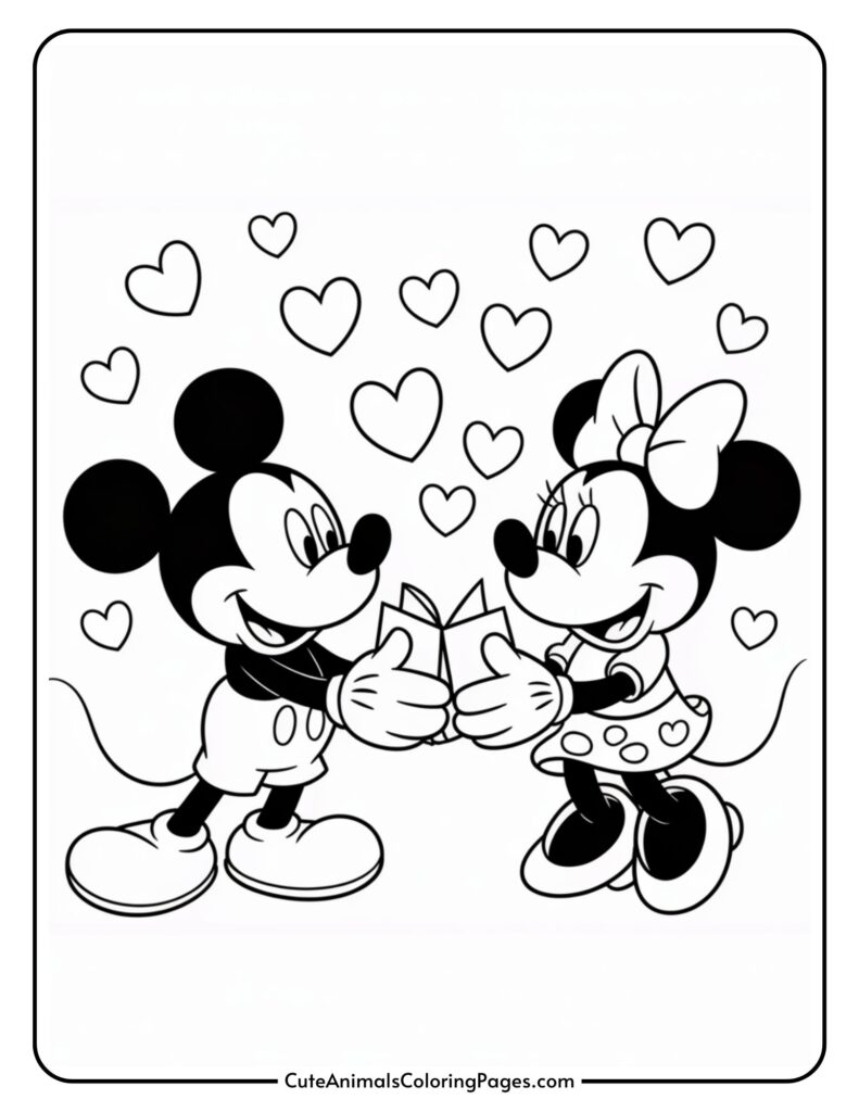 Mickey and Minnie Mouse exchange gifts, surrounded by floating hearts.