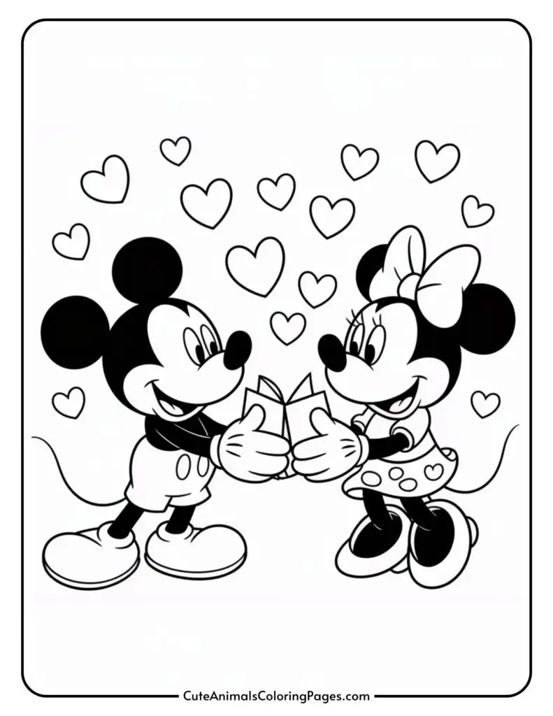 Mickey and Minnie Mouse exchanging gifts, surrounded by floating hearts.