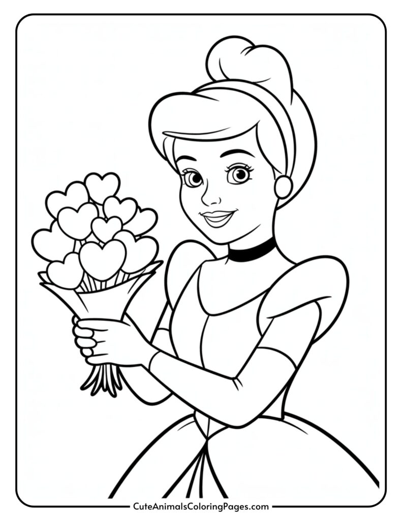 The princess, holding a bouquet of heart-shaped flowers, wearing a dress with puffy sleeves and a choker necklace, smiles warmly.