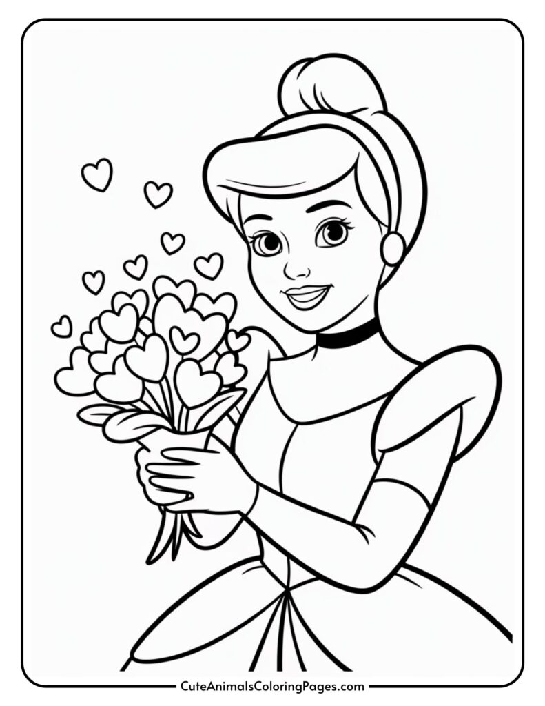 A cartoon character holding a bouquet of cute flowers, with little hearts floating around.