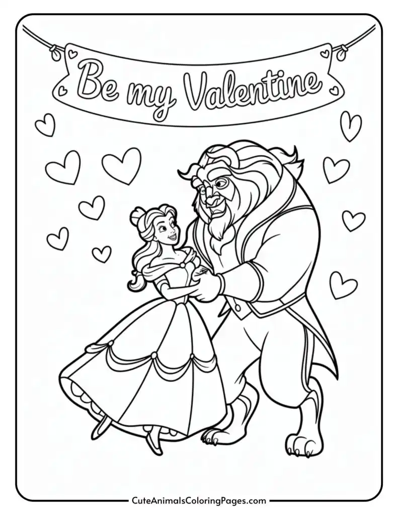 A cartoon couple dancing under a "Be my Valentine" banner surrounded by hearts.
