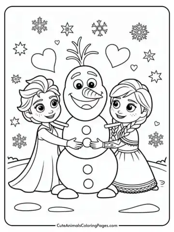 Children hugging a smiling snowman, surrounded by snowflakes and hearts, in a coloring page style.