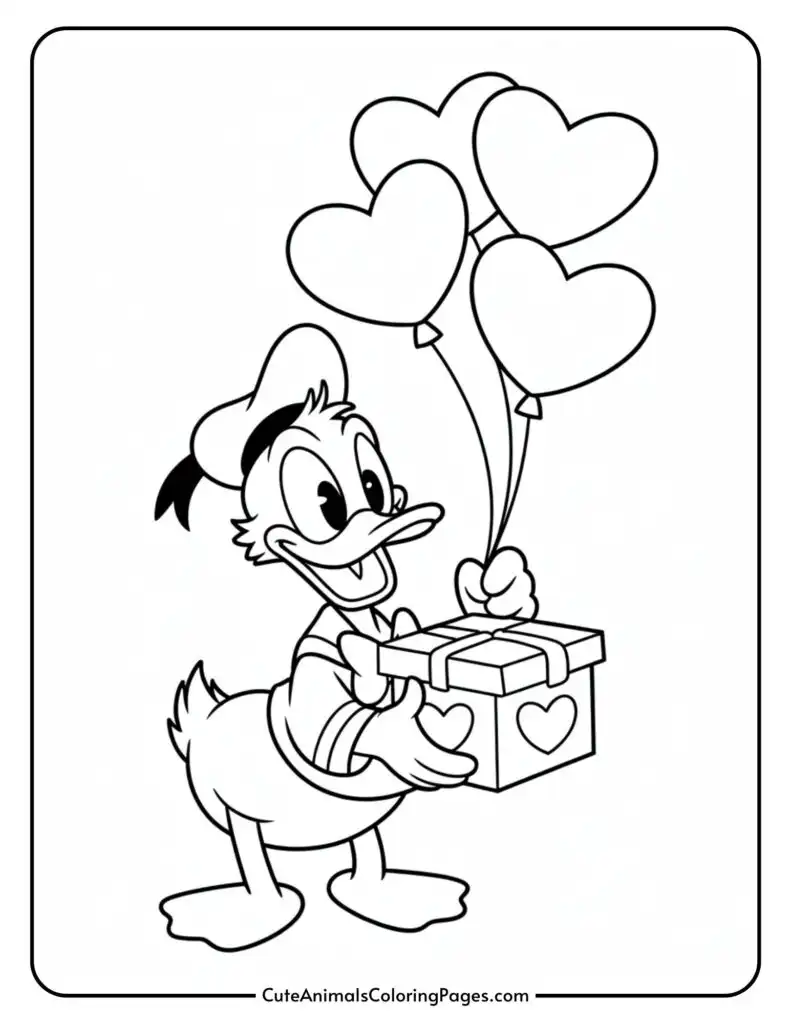 A cartoon duck holding a gift box adorned with a heart and three heart-shaped balloons.
