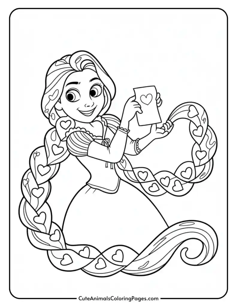 A girl with long, flowing hair decorated with hearts, holding a card with a heart on it.