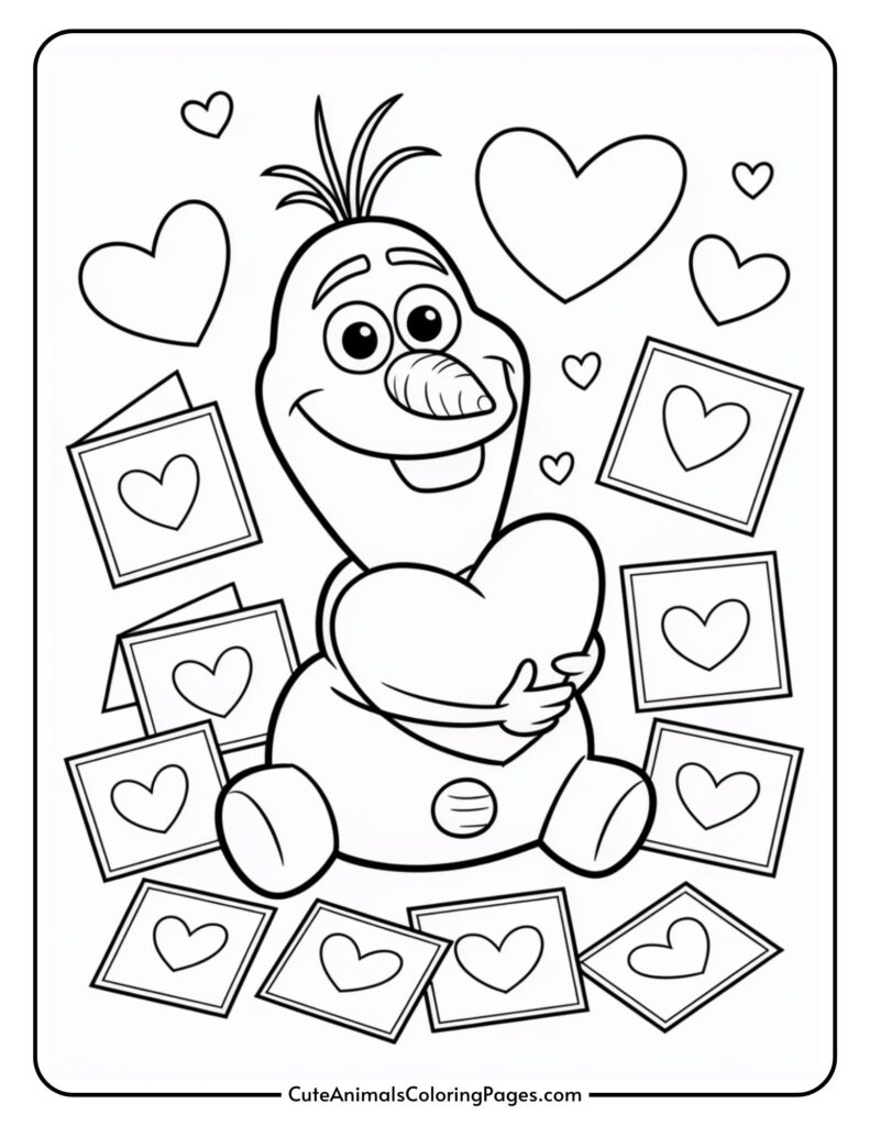 A cartoon snowman smiling and holding a heart is surrounded by heart-themed frames and floating hearts.