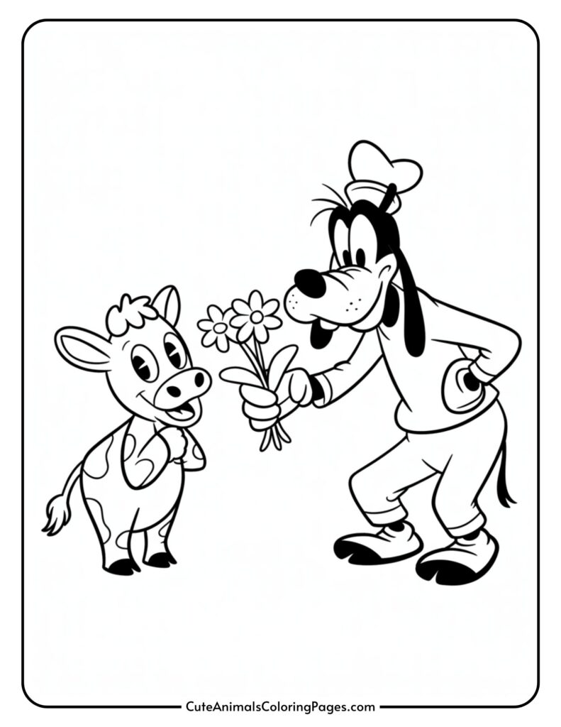 A cartoon dog presents a bouquet of flowers to a smiling cow.