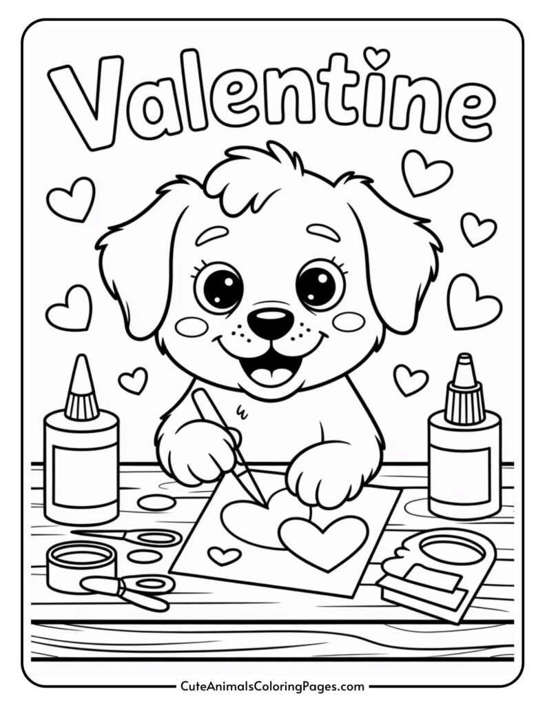 An adorable dog creates a Valentine card with hearts, surrounded by craft supplies like glue, scissors, and paper.