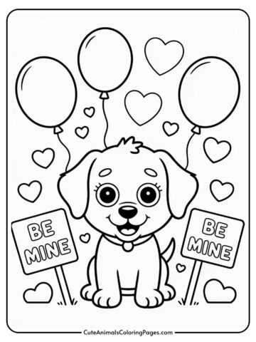 A cute cartoon puppy sits surrounded by floating balloons and heart shapes, with two signs reading 