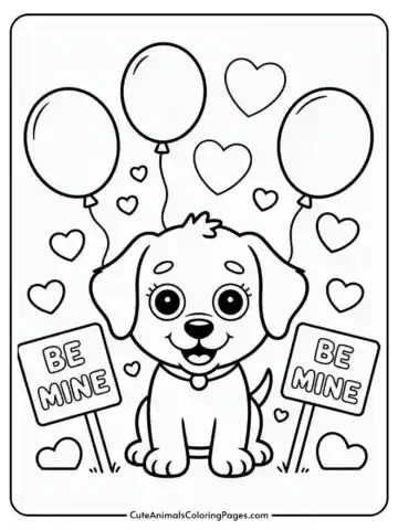 A cute cartoon puppy sits surrounded by floating balloons and heart shapes, with two signs reading