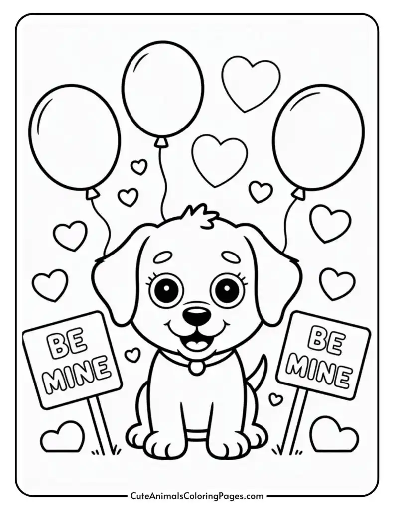 A cute cartoon puppy sits surrounded by floating balloons and heart shapes, with two signs reading "Be Mine."
