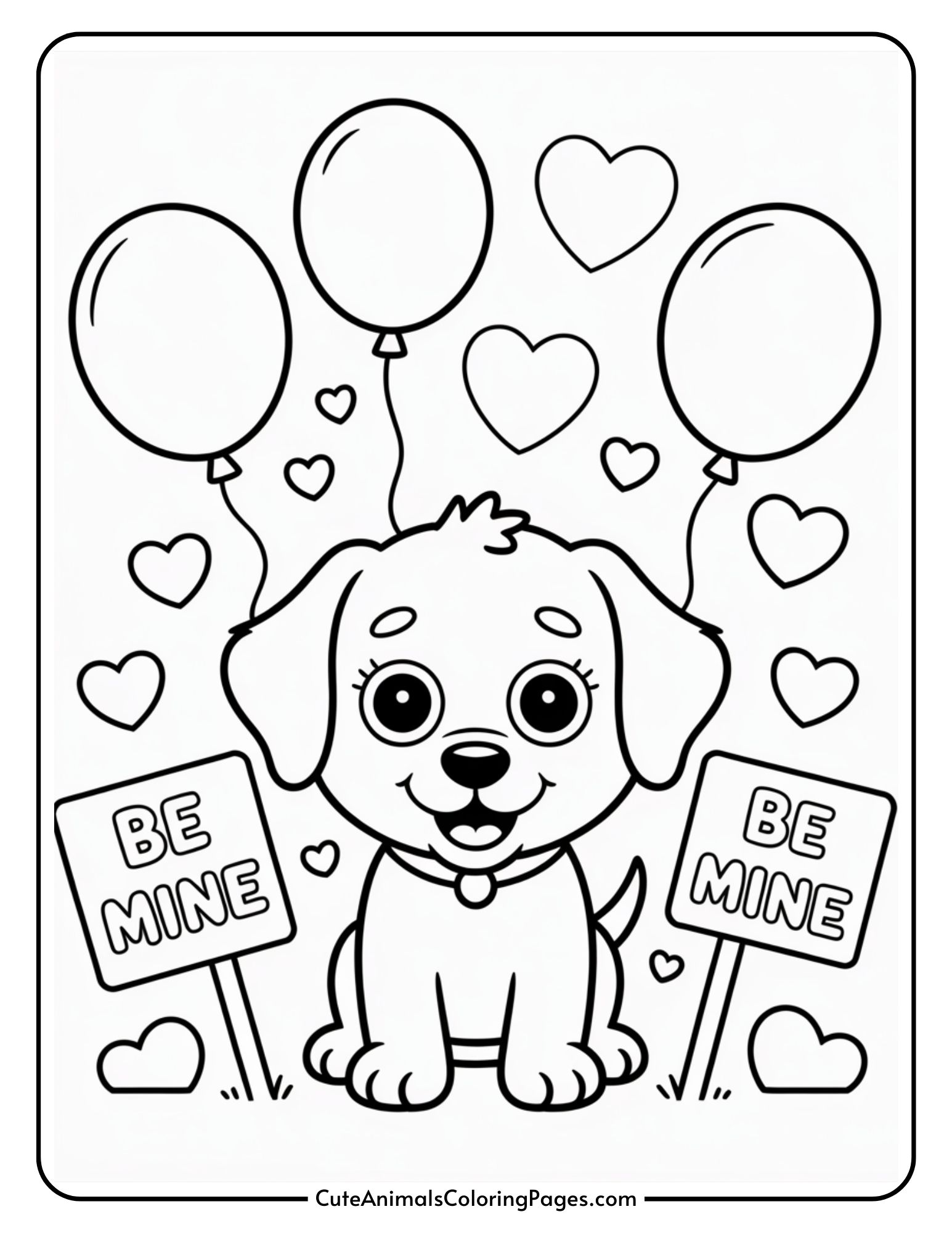 A cute cartoon puppy sits surrounded by floating balloons and heart shapes, with two signs reading "Be Mine."