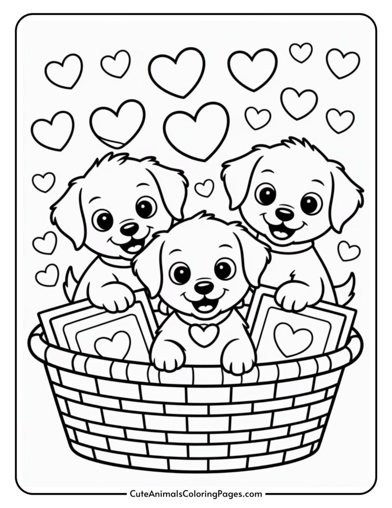 Three smiling dolls are sitting in a basket surrounded by hearts, looking playful and happy.
