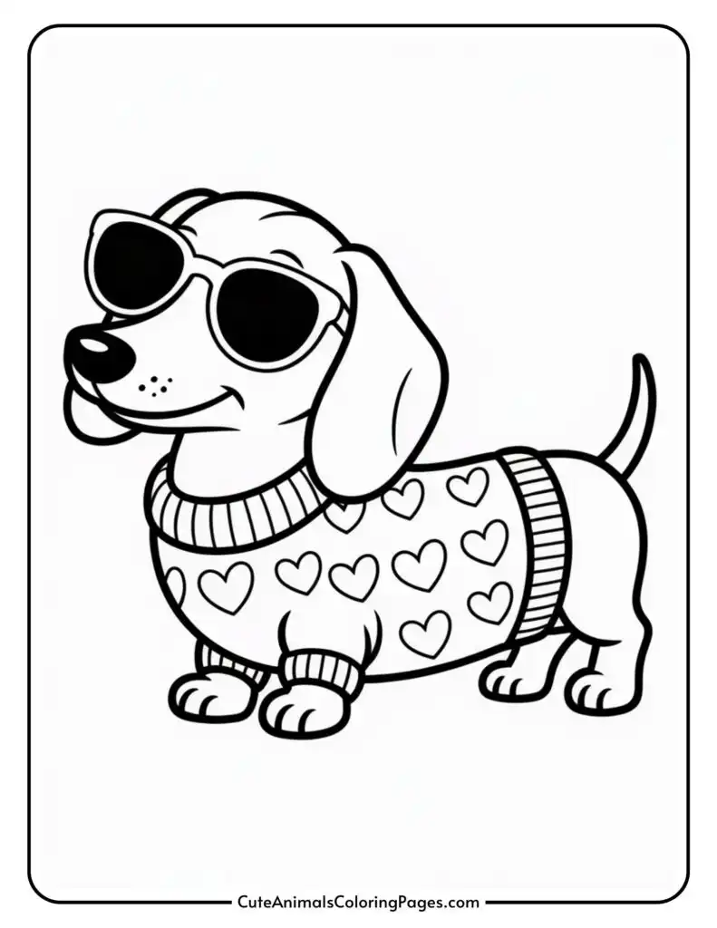 Cartoon dachshund wearing sunglasses and a heart-patterned sweater.